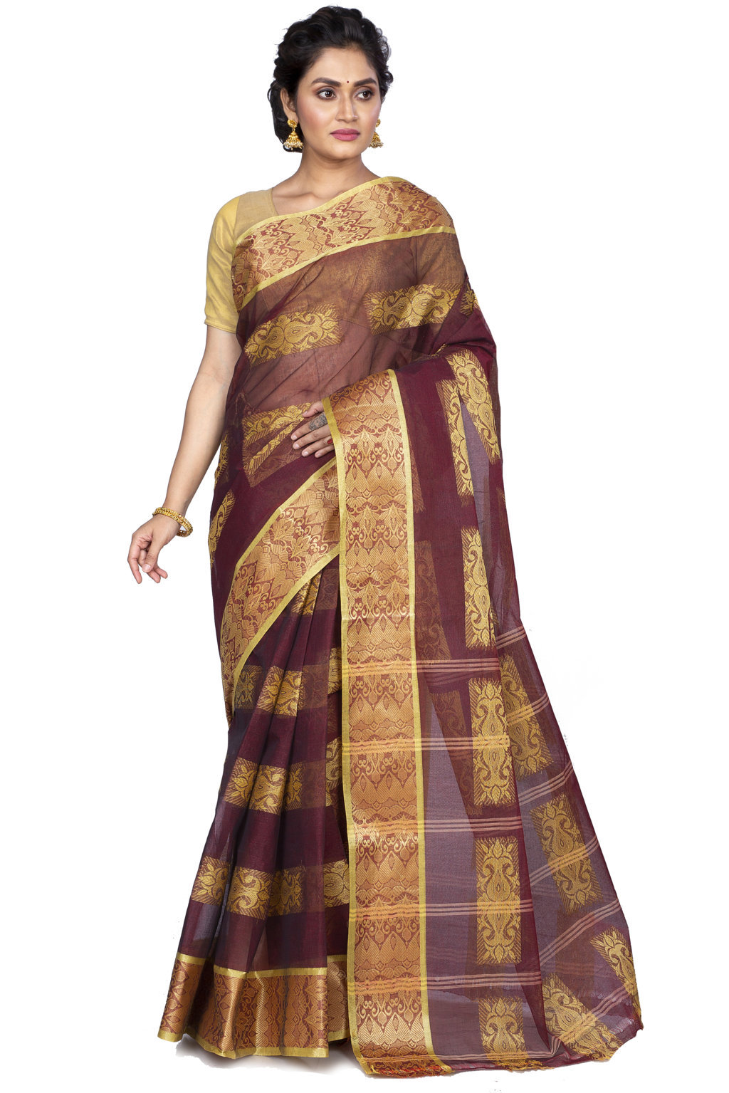 Brown Pure Cotton Strip Suparna Tant Saree (159)
